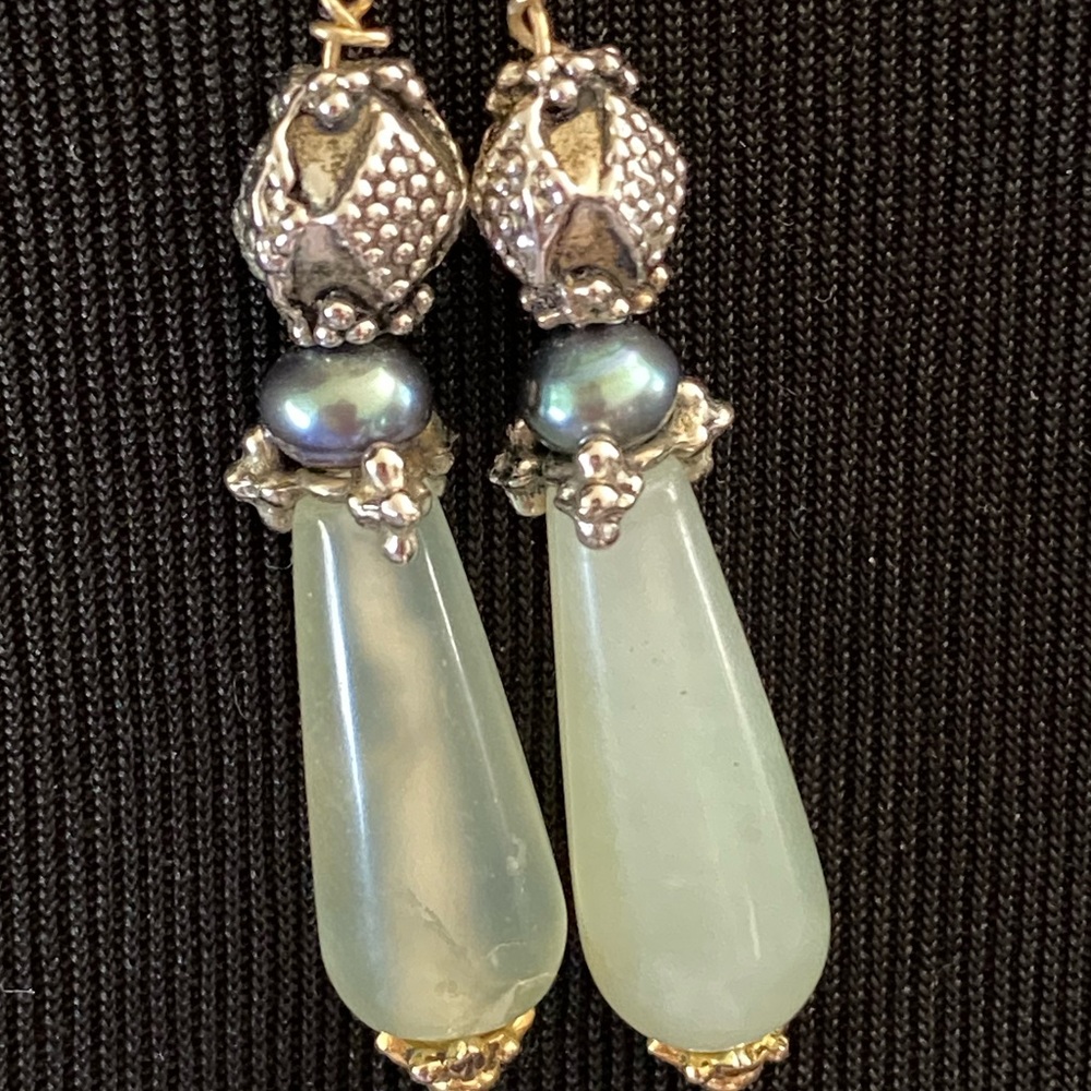 Pale Green Stone (Jade?) Drop & Black Pearl Earrings with Gold & Silver Findings